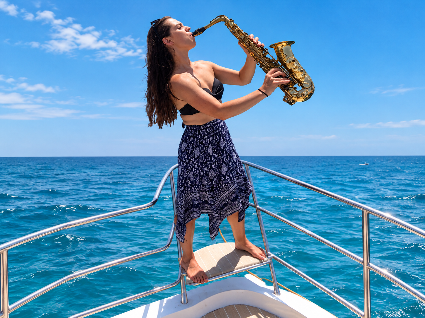 alt="Live music Saxophone Ash onboard Afrikat boat trip Gran Canaria"